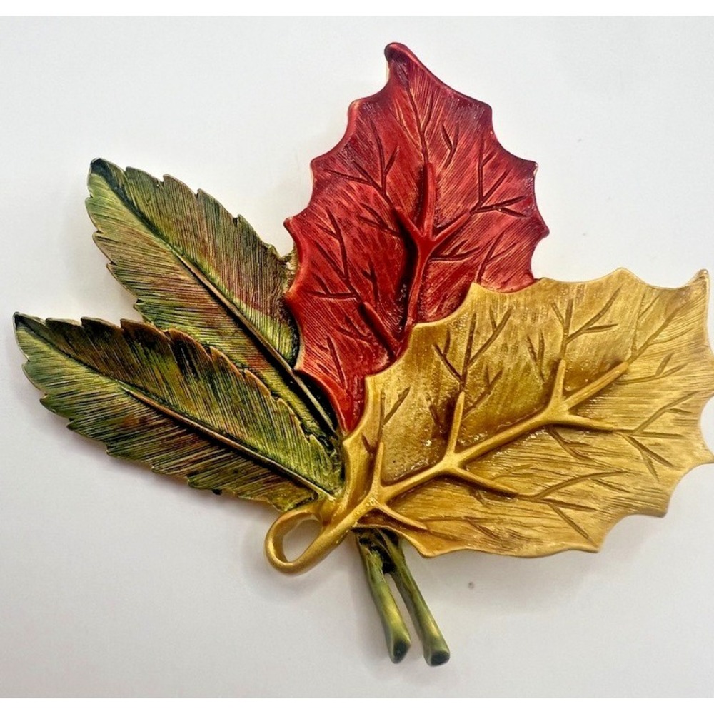 Vintage Tona Leaf Brooch Large 3" Fall Colors Leaves Autumn Enamel Statement Pin